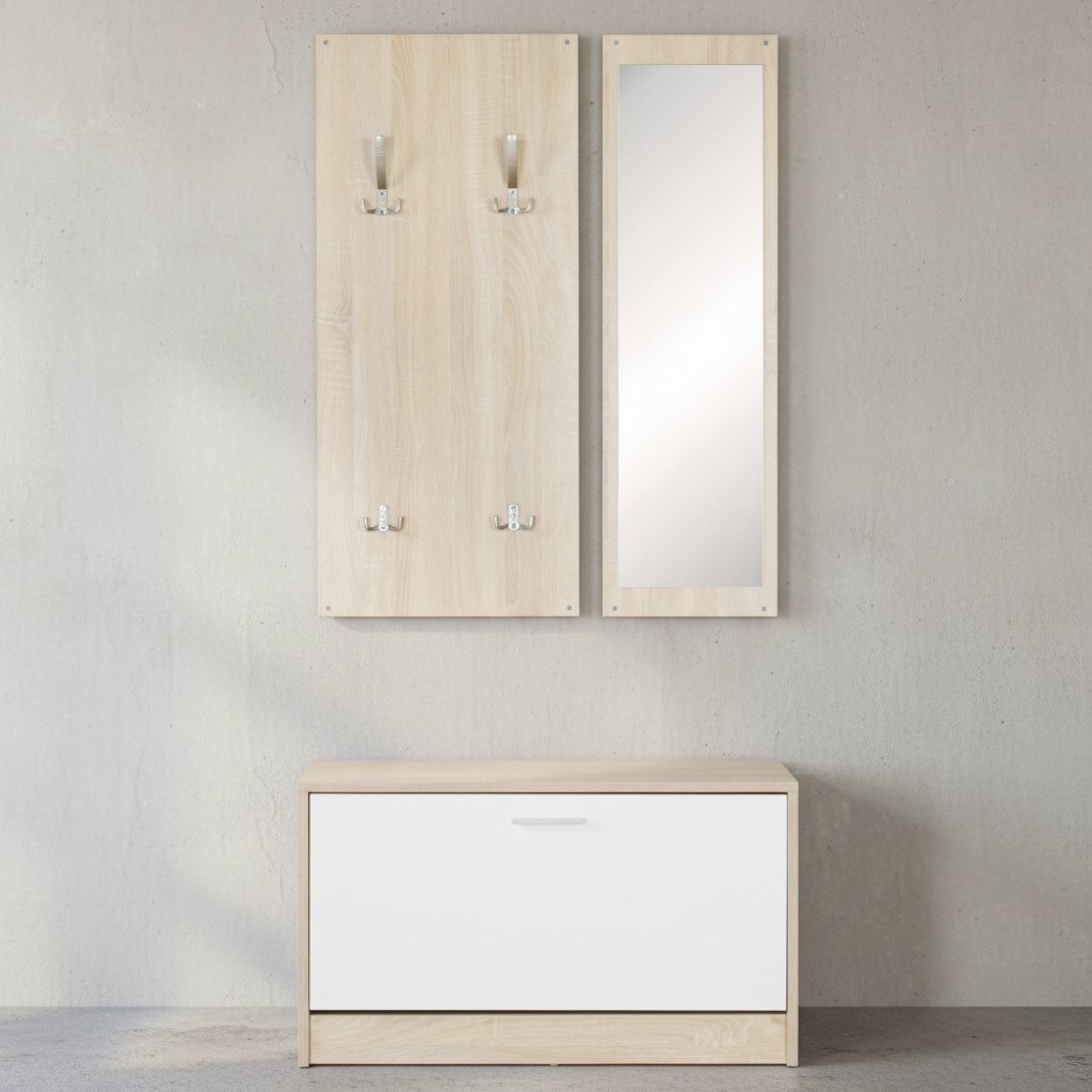 KADIMA DESIGN Wandgarderobe DELFT mit Spiegel: Weiß, Platz für 8 Paar Schuhe, 10 Metallhaken, Melaminharzbeschichtung