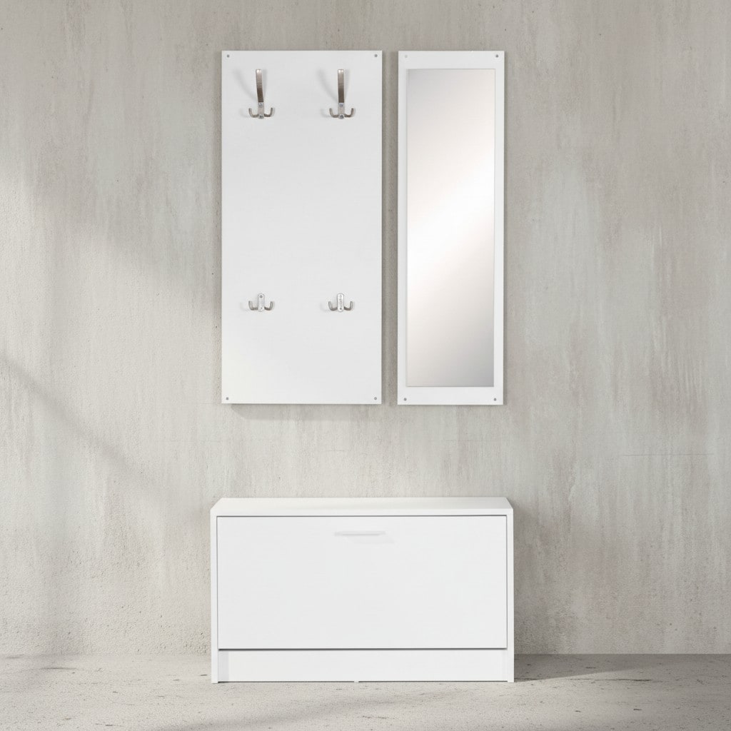 KADIMA DESIGN Wandgarderobe DELFT mit Spiegel: Wei&szlig;, Platz f&uuml;r 8 Paar Schuhe, 10 Metallhaken, Melaminharzbeschichtung 