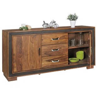 KADIMA DESIGN Rustikales Sideboard, Sheesham Massivholz, Kunstleder, 160x44x80 cm 