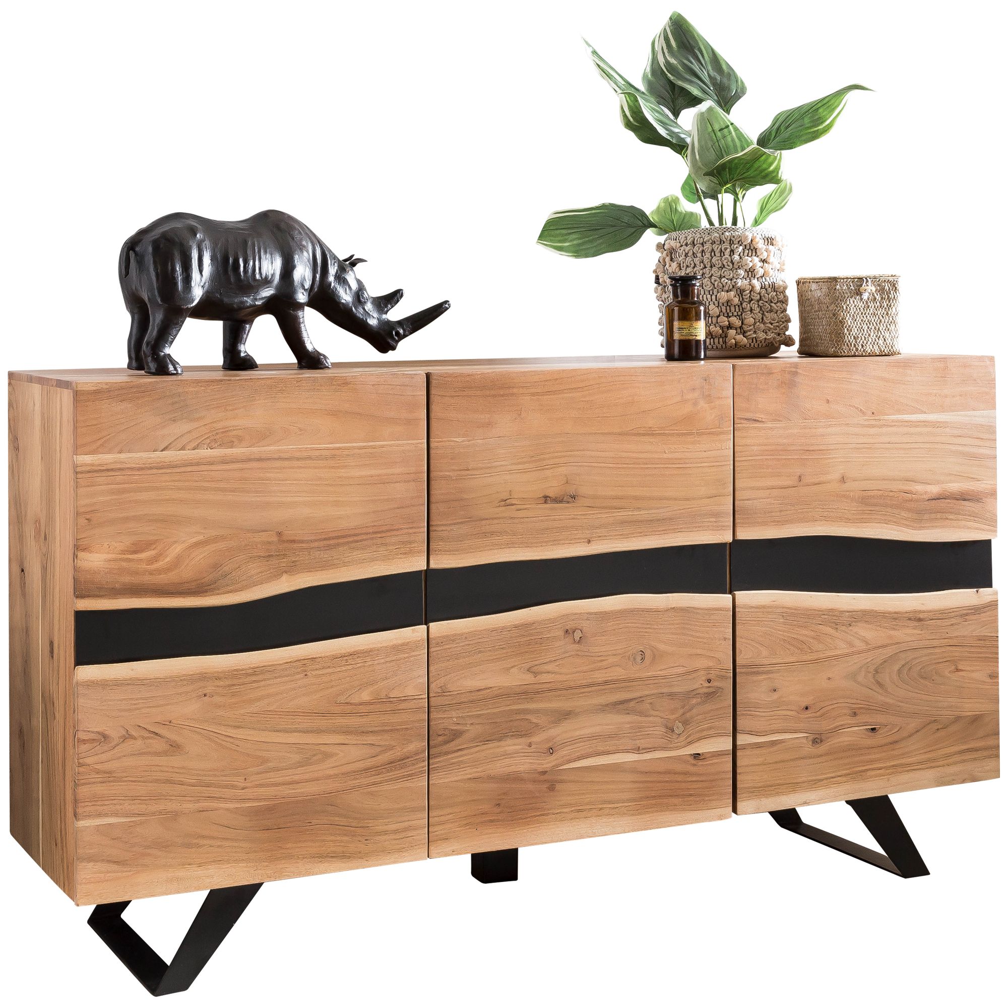 KADIMA DESIGN Massiv-Holz Akazie Sideboard, 148x85x43 cm, Natur Baumkante, Landhaus-Stil 