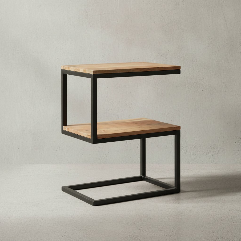 KADIMA DESIGN Beistelltisch Massivholz INDI: S-Design, Schwarz/Metallgestell, 2 Ablagefl&auml;chen 