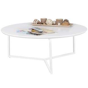 KADIMA DESIGN Runder Couchtisch aus weißem MDF-Holz, Metall-Beingestell, Ø 80 cm, Höhe 33 cm. 