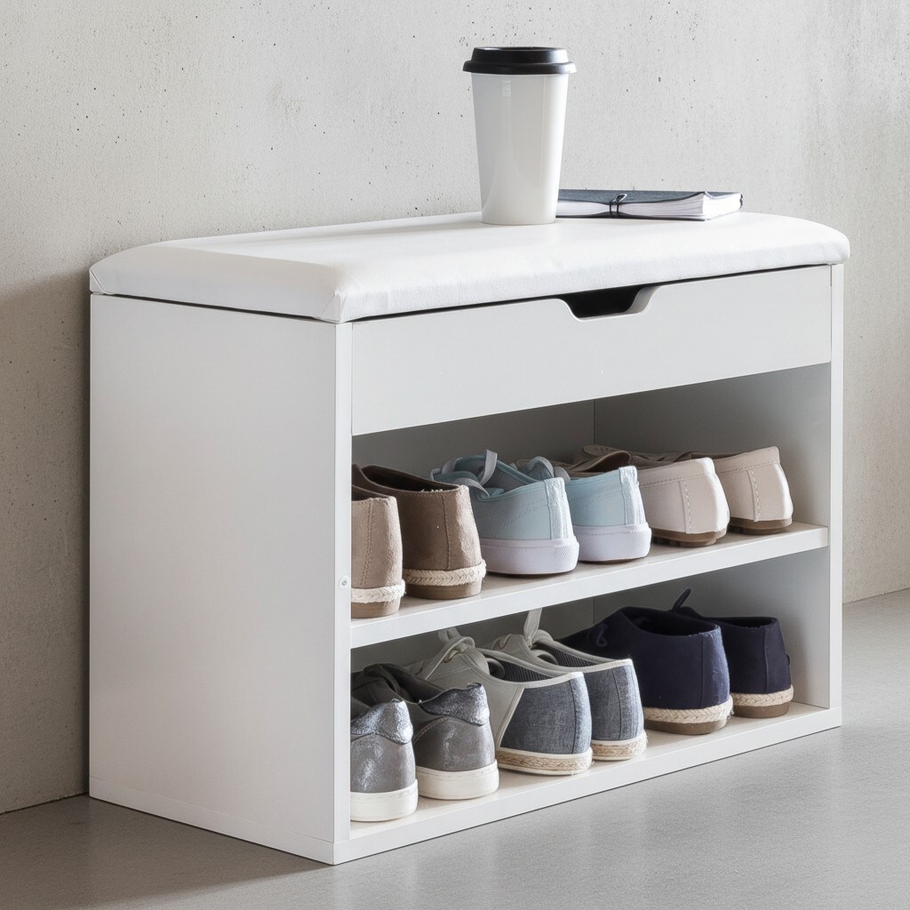 KADIMA DESIGN Schuhbank CIGNO mit Stauraum: Gepolsterter Kunstlederbezug, Wei&szlig;/Sonoma Eiche, Melaminharzbeschichtung 