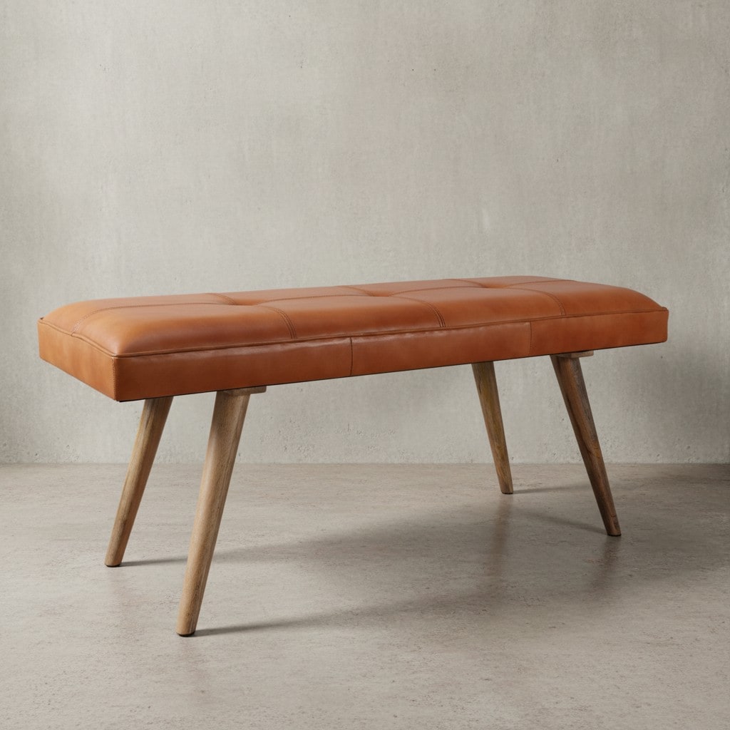 KADIMA DESIGN Retro-Sitzbank aus Ziegenleder und massivem Holz, stabil, 200 kg Belastbarkeit 