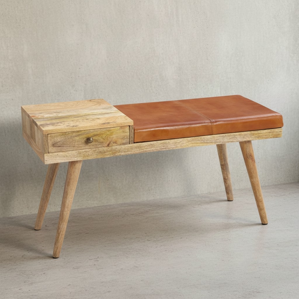KADIMA DESIGN Retro-Stil Sitzbank: Stauraum, Ziegenleder-Bezug, 100x52x38 cm, Schublade, Anti-Rutsch-Noppen.