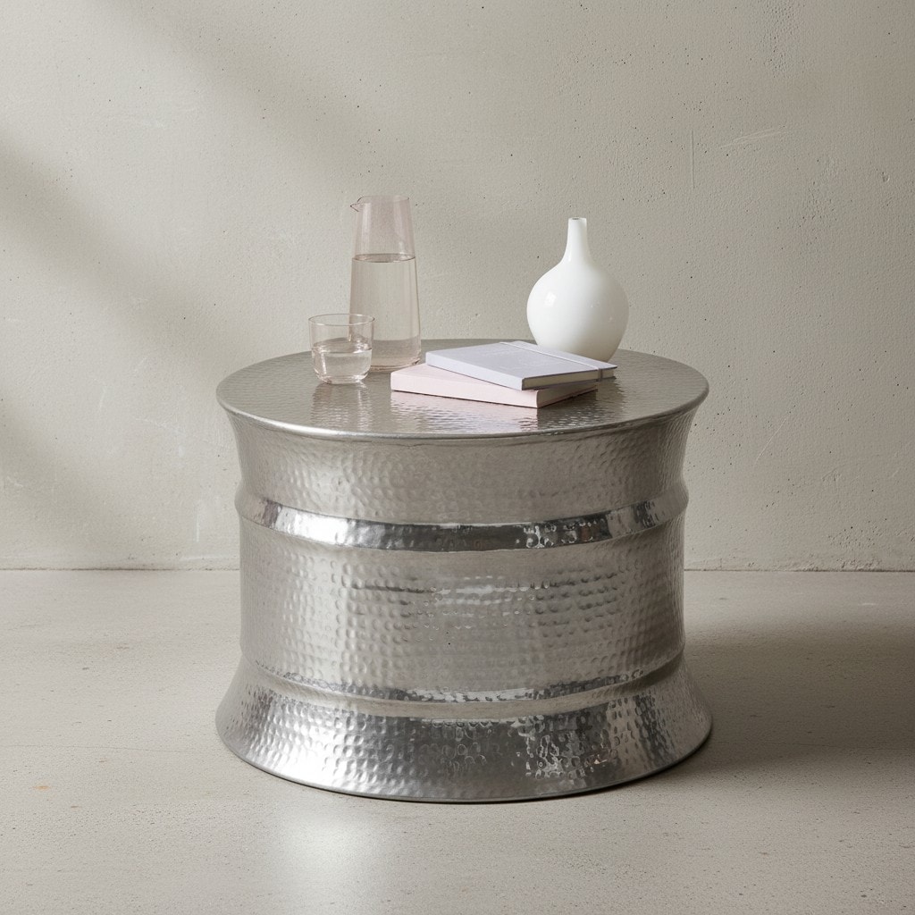 KADIMA DESIGN Runder orientalischer Couchtisch ENNS: Aluminium, Hammerschlag Look, Handgefertigt, Stabilität, Langlebigkeit
