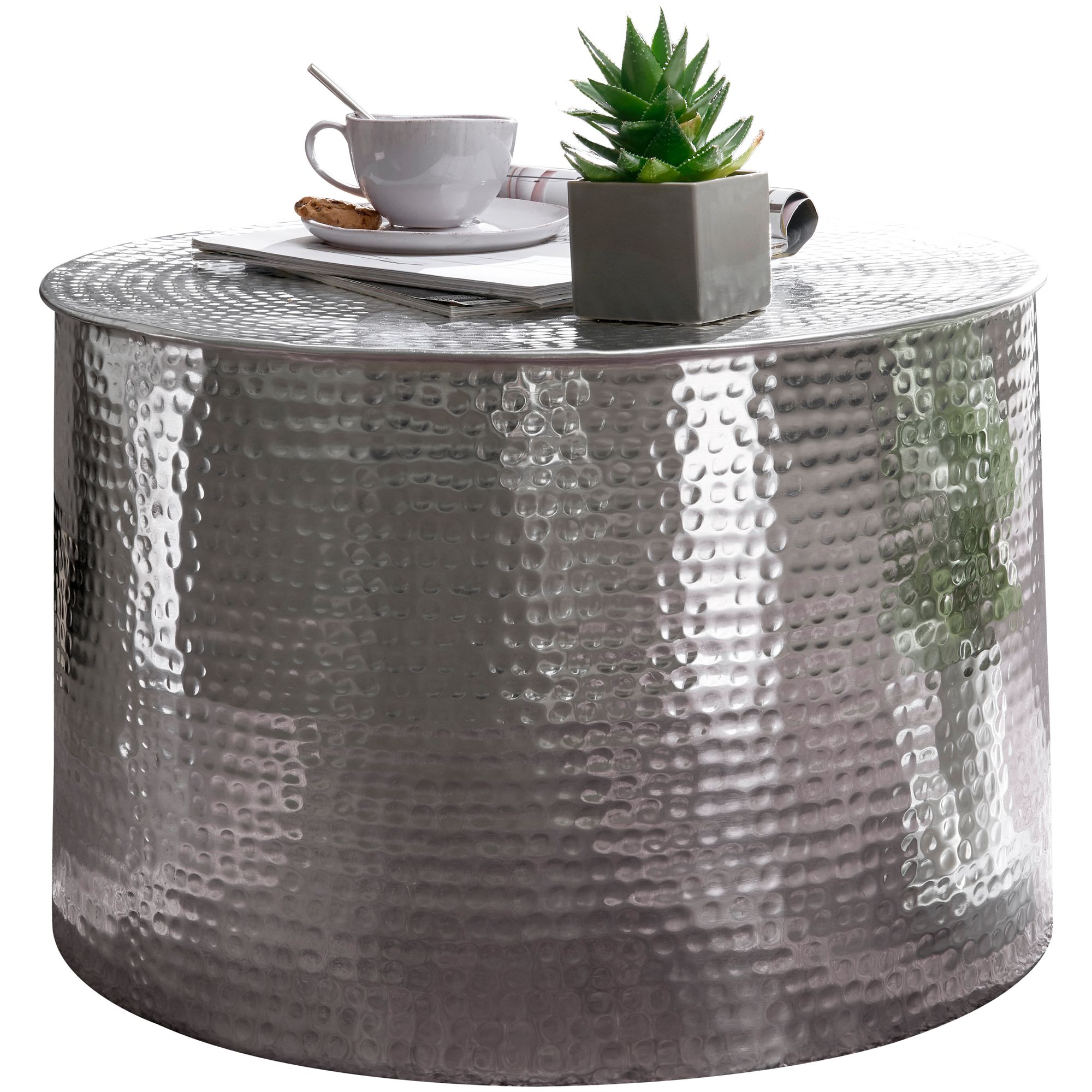 KADIMA DESIGN Orient Couchtisch ENNS: Hammerschlag-Aluminium, 61 cm Durchmesser, silberfarben 