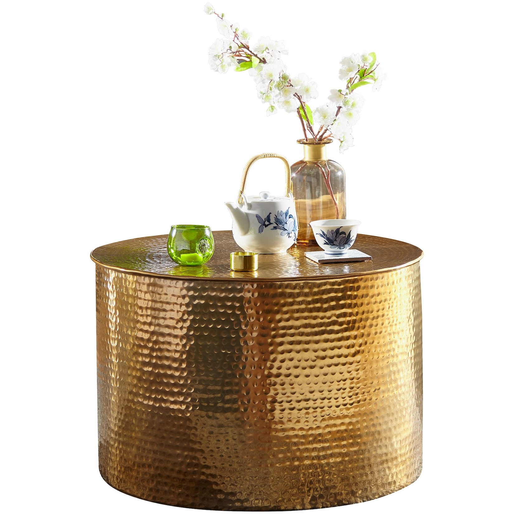 KADIMA DESIGN Orient Couchtisch ENNS: Hammerschlag-Aluminium, 61 cm Durchmesser, goldfarben