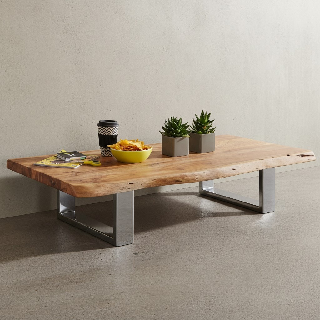 KADIMA DESIGN Massiver Akazienholz Couchtisch mit Baumkanten, Landhausstil, stabile Metallbeine