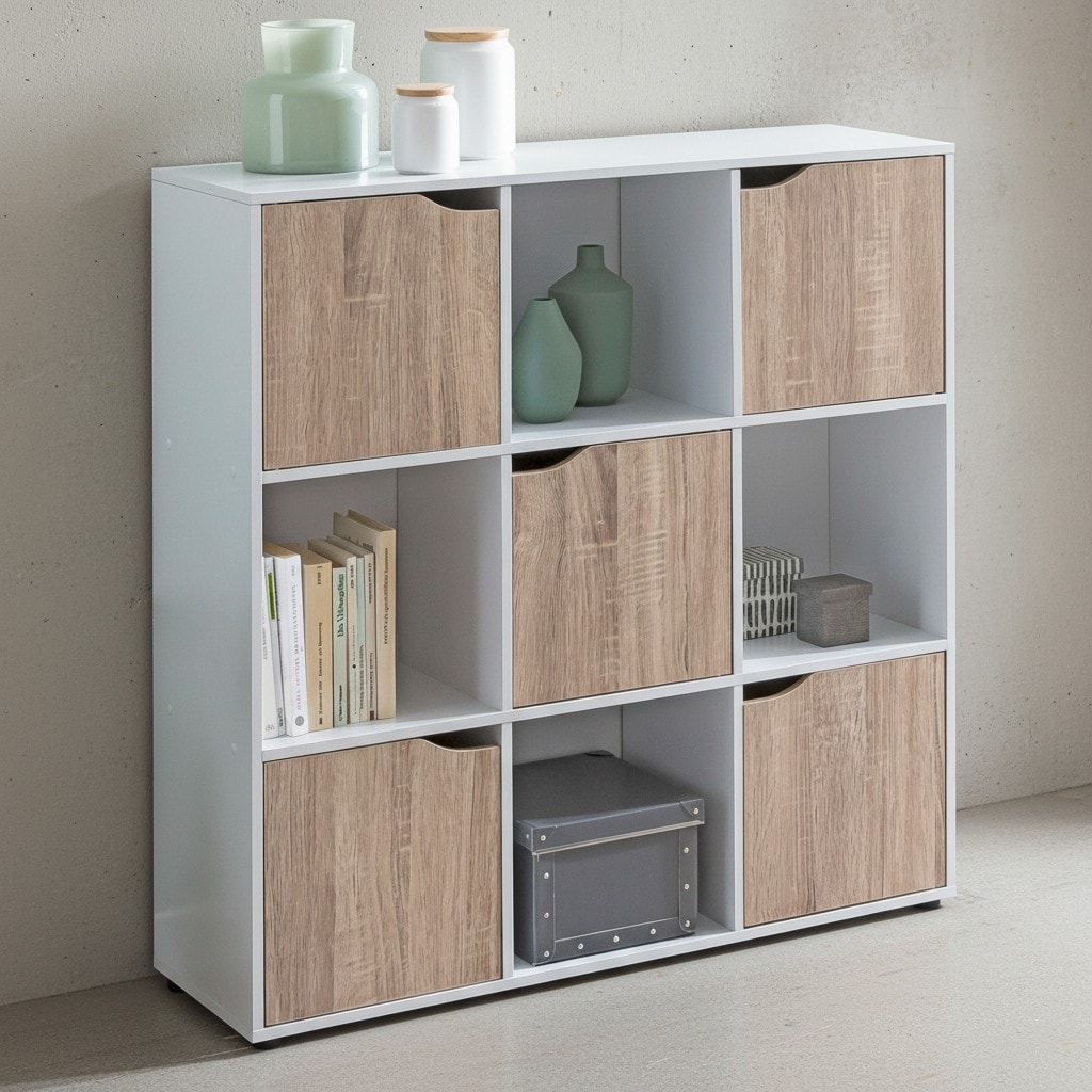 KADIMA DESIGN Standregal mit 9 F&auml;chern, Wei&szlig;/Sonoma, Stauraum f&uuml;r B&uuml;cher/Dekoration, 89x91x29 cm. 