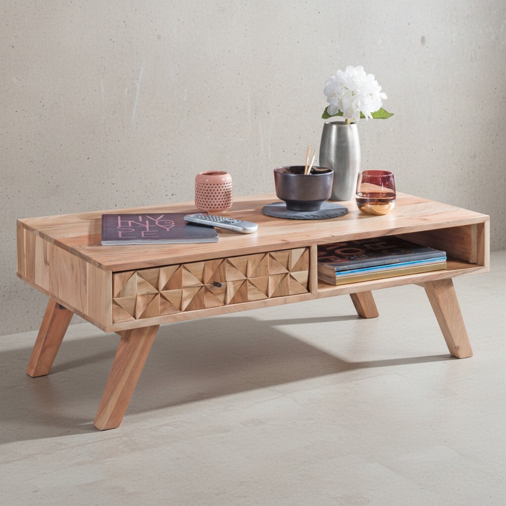 KADIMA DESIGN Moderner Landhaus-Stil Couchtisch, massives Holz, Schublade, Ablagefach, 95x35x50 cm