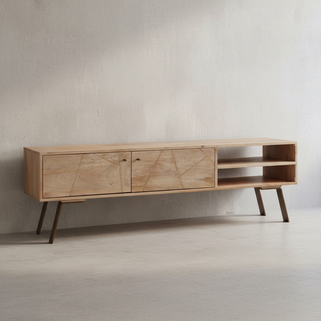 KADIMA DESIGN TV Lowboard Garda im Landhaus-Stil, für Fernseher bis 55 Zoll, Massivholz Mango und Metall, 145x47x35 cm.