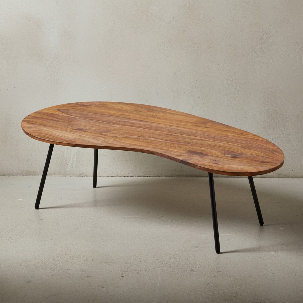 KADIMA DESIGN Retro-Couchtisch CALABRIA: Massivholz, Metallbeine, Pflegeleichte Tischplatte, Nierenform 