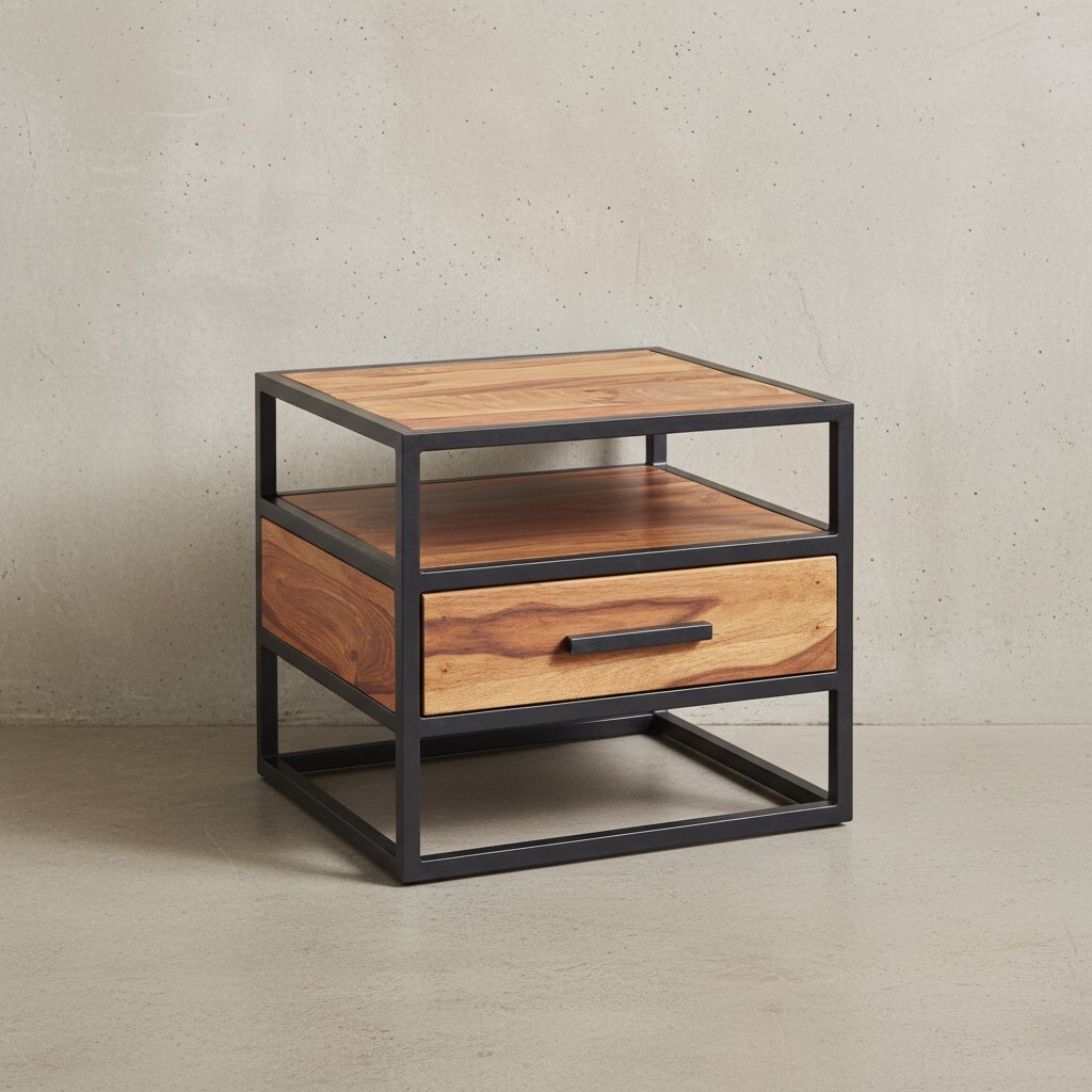 KADIMA DESIGN Massiver Sheesham-Holz Nachttisch, Stilvolle Industrie-Optik, Stauraum, robustes Stahlgestell. 