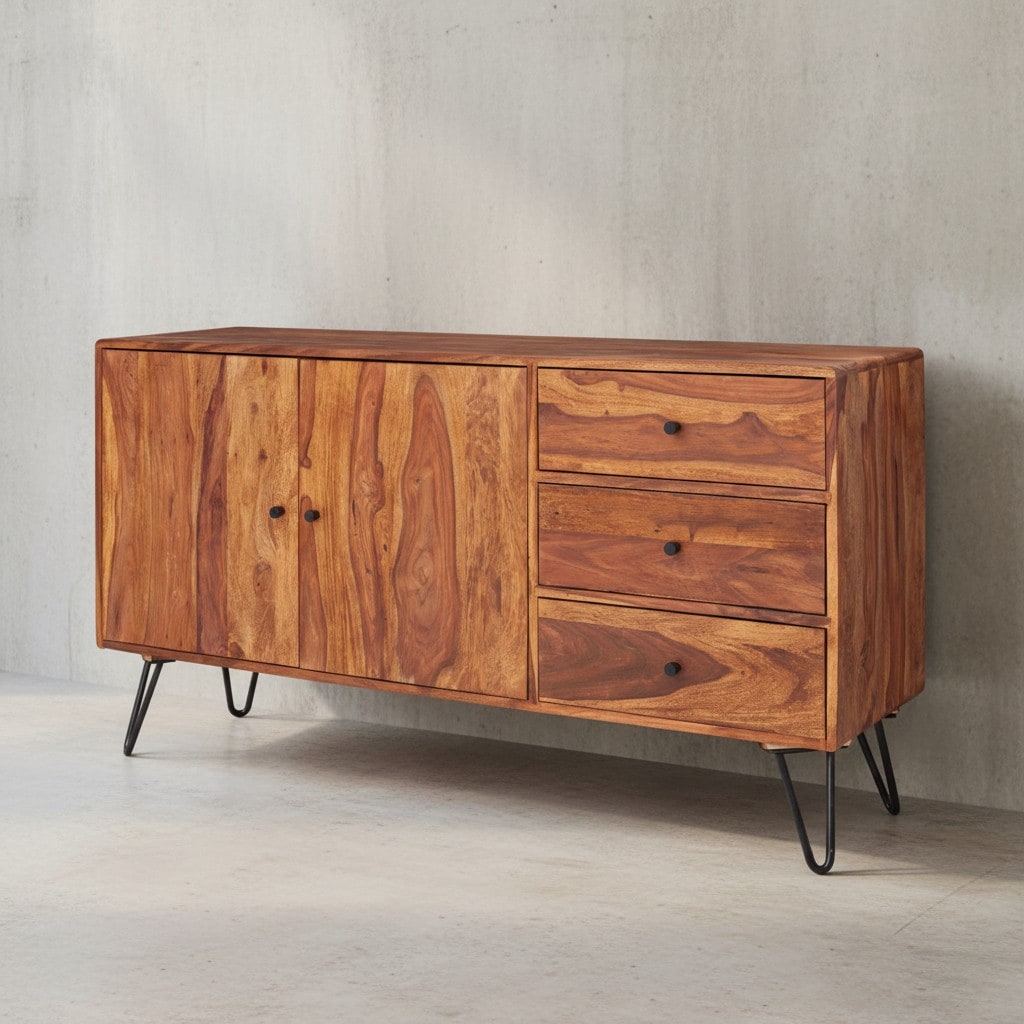 KADIMA DESIGN Sheesham Sideboard, 145x75x40 cm, Landhausstil, 3 Schubladen & 2 Türen, Haarnadelbeine