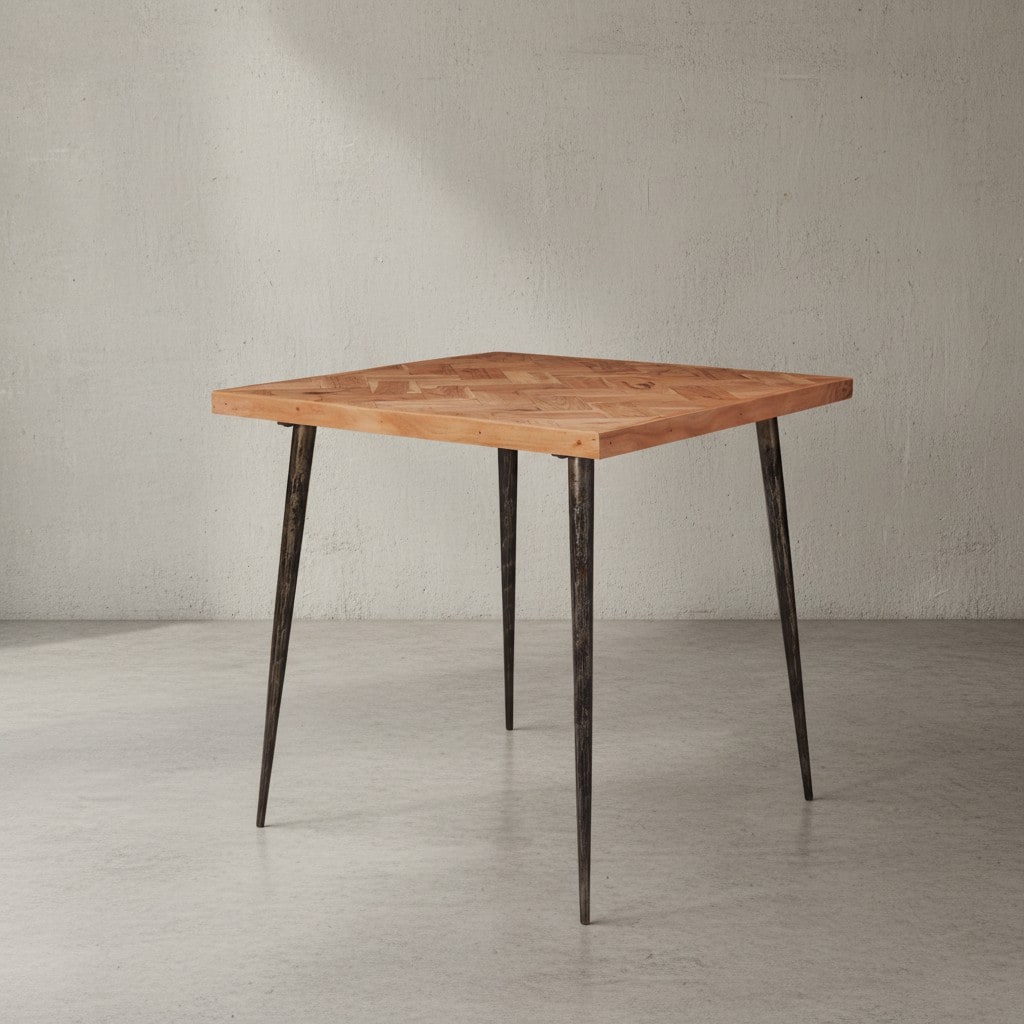 KADIMA DESIGN Industrial Esstisch, Akazienholz mit Fischgrät-Muster, Metallbeine, 80x80 cm.