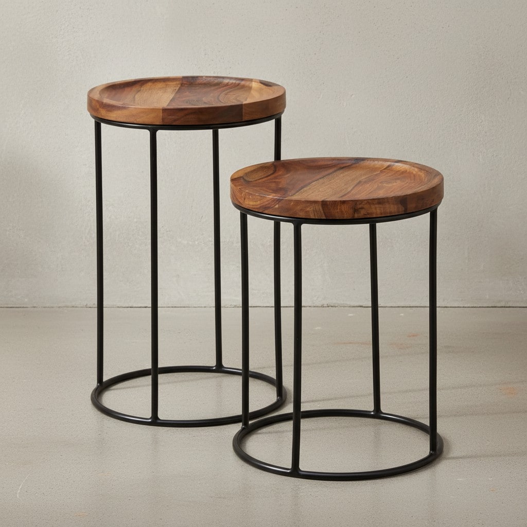 KADIMA DESIGN Massivholz Beistelltische, Industrieller Stil, Sheesham Holz und Metall, 2er Set.