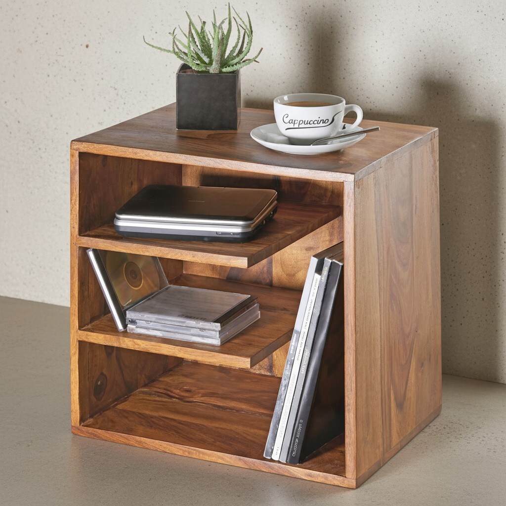 KADIMA DESIGN Stilvoller Beistelltisch aus Sheeshamholz, 3 Ablageflächen, individuelle Maserung, 43x43x30 cm.
