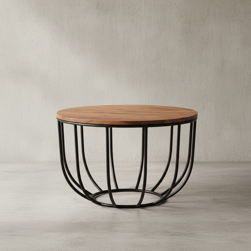 KADIMA DESIGN Industrial Couchtisch aus Sheesham Massivholz, Rustikaler Stil, Metallgestell, Korbdesign.
