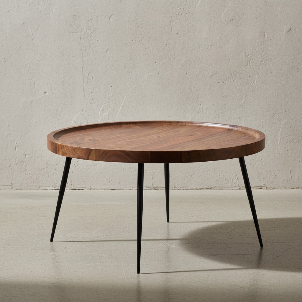 KADIMA DESIGN Industrial-Stil Couchtisch, Runde Holzplatte, Metallbeine, handgefertigt, pflegeleicht.