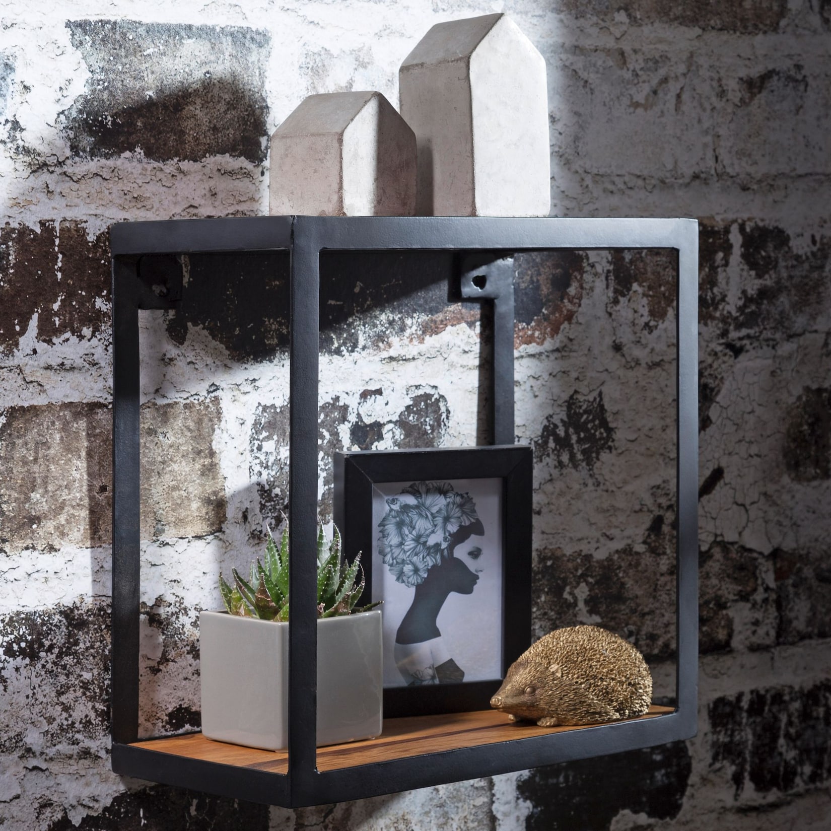 KADIMA DESIGN Deko Wandregal aus Holz und Metall, Modernes rustikales Design, 35x35x18 cm.