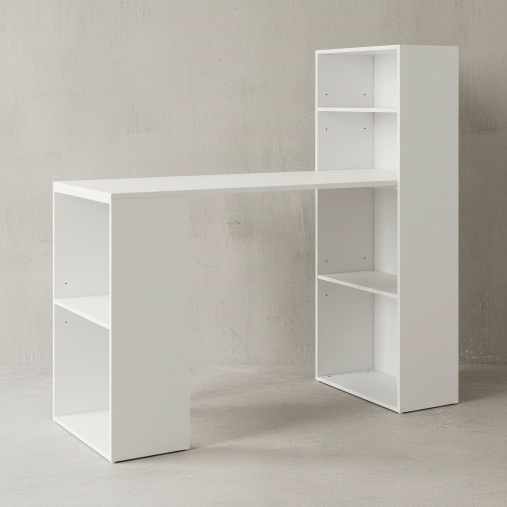 KADIMA DESIGN Schreibtisch mit Regal BRENTA: 120x120x53 cm, Spanplatte, variable Regalhöhen – Weiß matt, modern & platzsparend