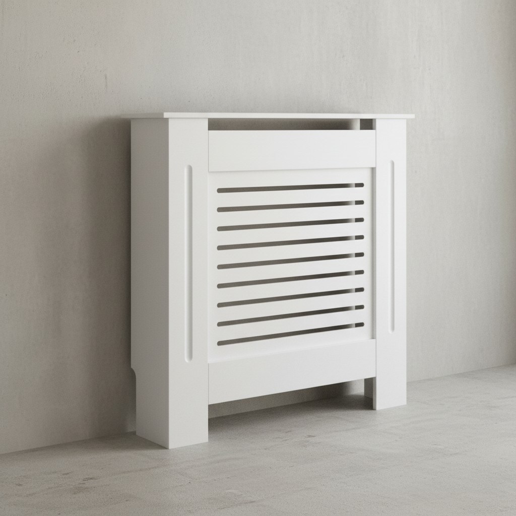 Moderne Heizkörperverkleidung mit Lamellenoptik aus wärmebeständigem MDF, Weiß