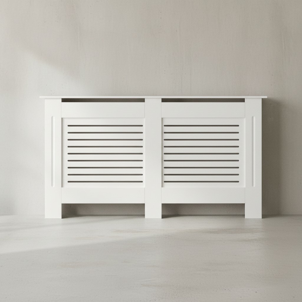 Moderne Heizkörperabdeckung mit Lamellenmuster, Elegante Lösung zur Verbesserung der Raumgestaltung, Weiß