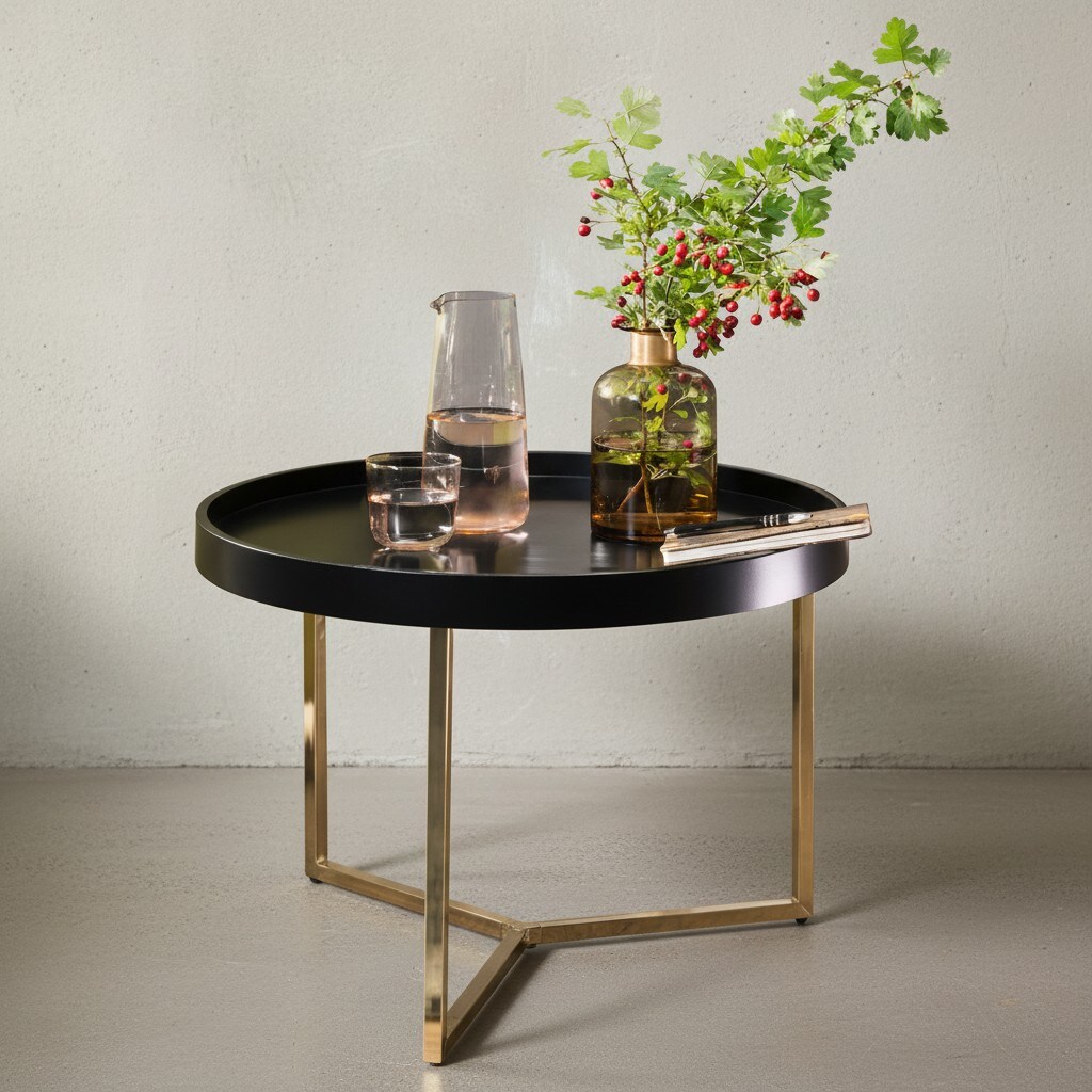 KADIMA DESIGN Sofatisch LIA Rund: Retro Stil, Metallgestell, abnehmbares Tablett, Anti-Rutsch-Noppen, Gold/Schwarz.