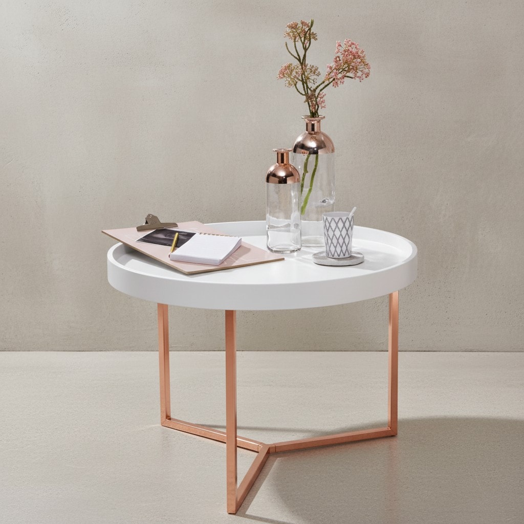 KADIMA DESIGN Sofatisch LIA Rund: Retro Stil, Metallgestell, abnehmbares Tablett, Anti-Rutsch-Noppen, Gold/Schwarz oder Kupfer/Wei&szlig;. 