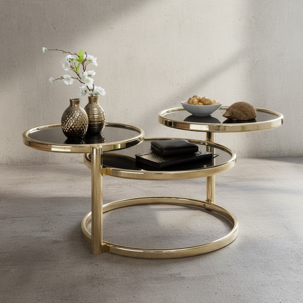 KADIMA DESIGN Runder Glastisch: Schwenkbare Glasplatten, Stahlgestell, 58-139 cm breit, Ø 38-47 cm, spiegelnde schwarze Glasplatten.