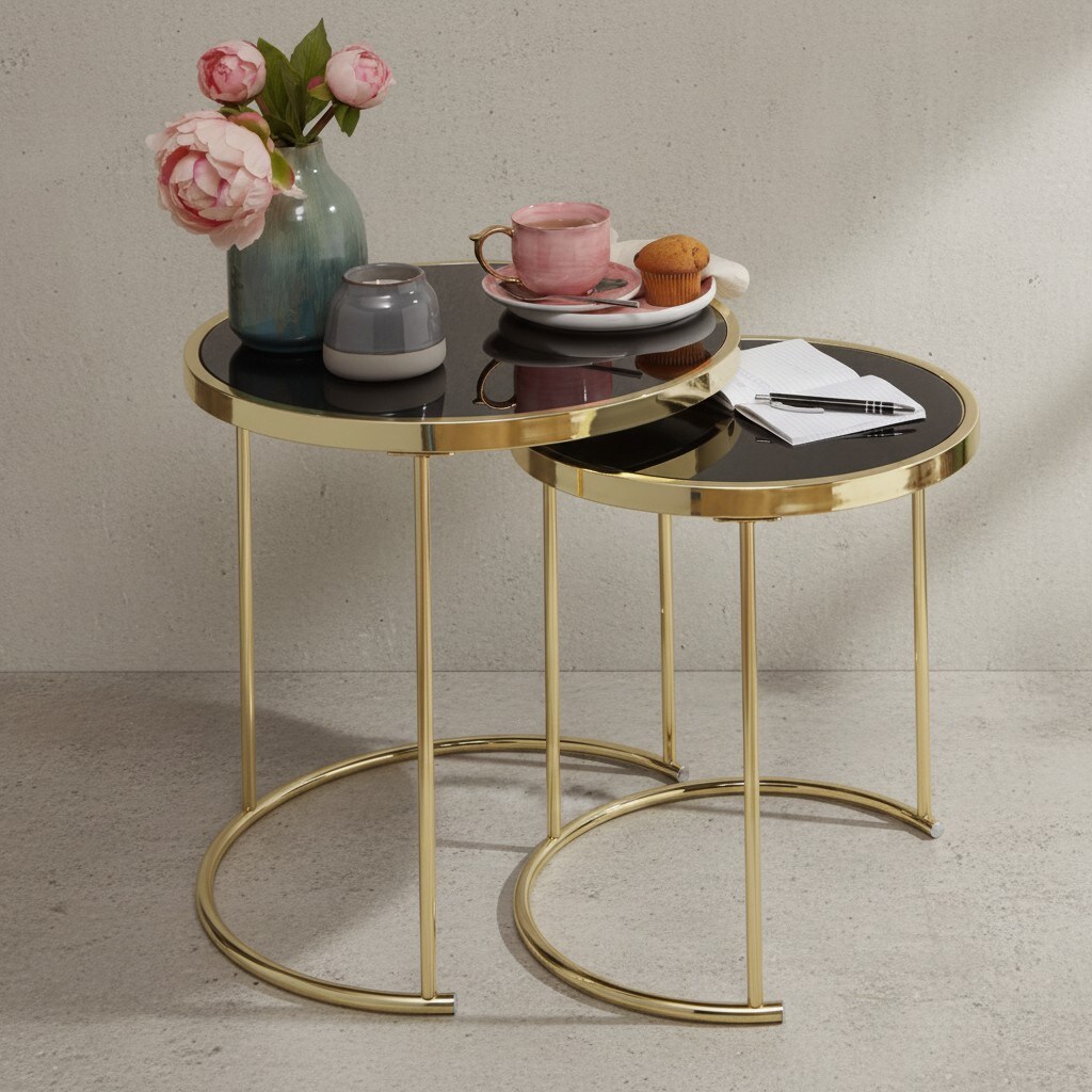 KADIMA DESIGN 2er-Set Satztische mit Hochglanz Metallgestell und schwarzem Glas, 50/42 cm - Stilvolles Design mit sicherem Stand