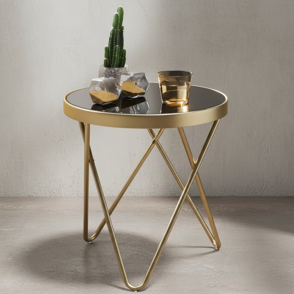 KADIMA DESIGN Eleganter Beistelltisch: Kupfer und Glas, V-f&ouml;rmige Beine, filigranes 70er-Jahre Design, pflegeleicht. 