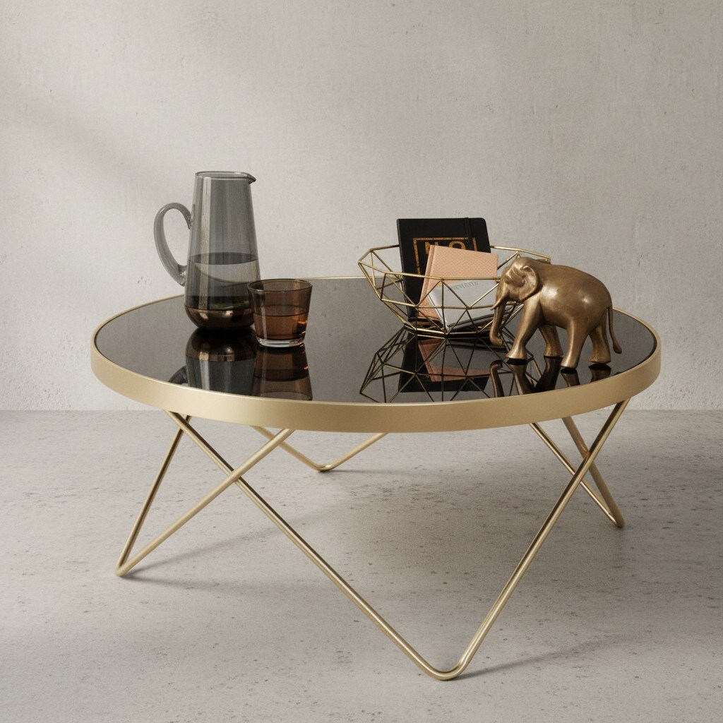 KADIMA DESIGN Beistelltisch "Retro-Charme", schwarze Glasplatte, goldene Beine, 82 cm Durchmesser.