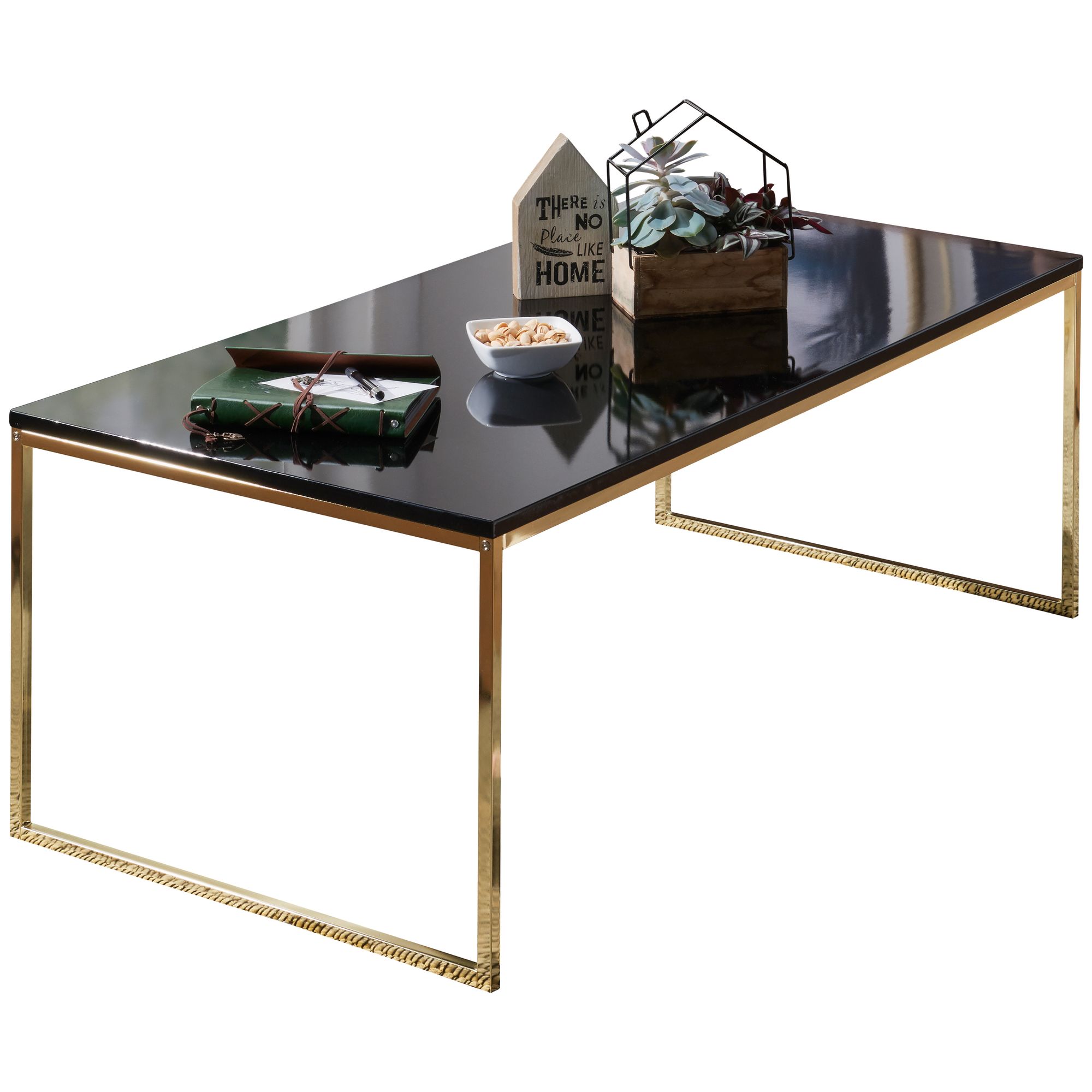 KADIMA DESIGN RIVA Couchtisch, Metall und Holz, filigrane Beine, schwarze Tischplatte, 120x45x60 cm. 
