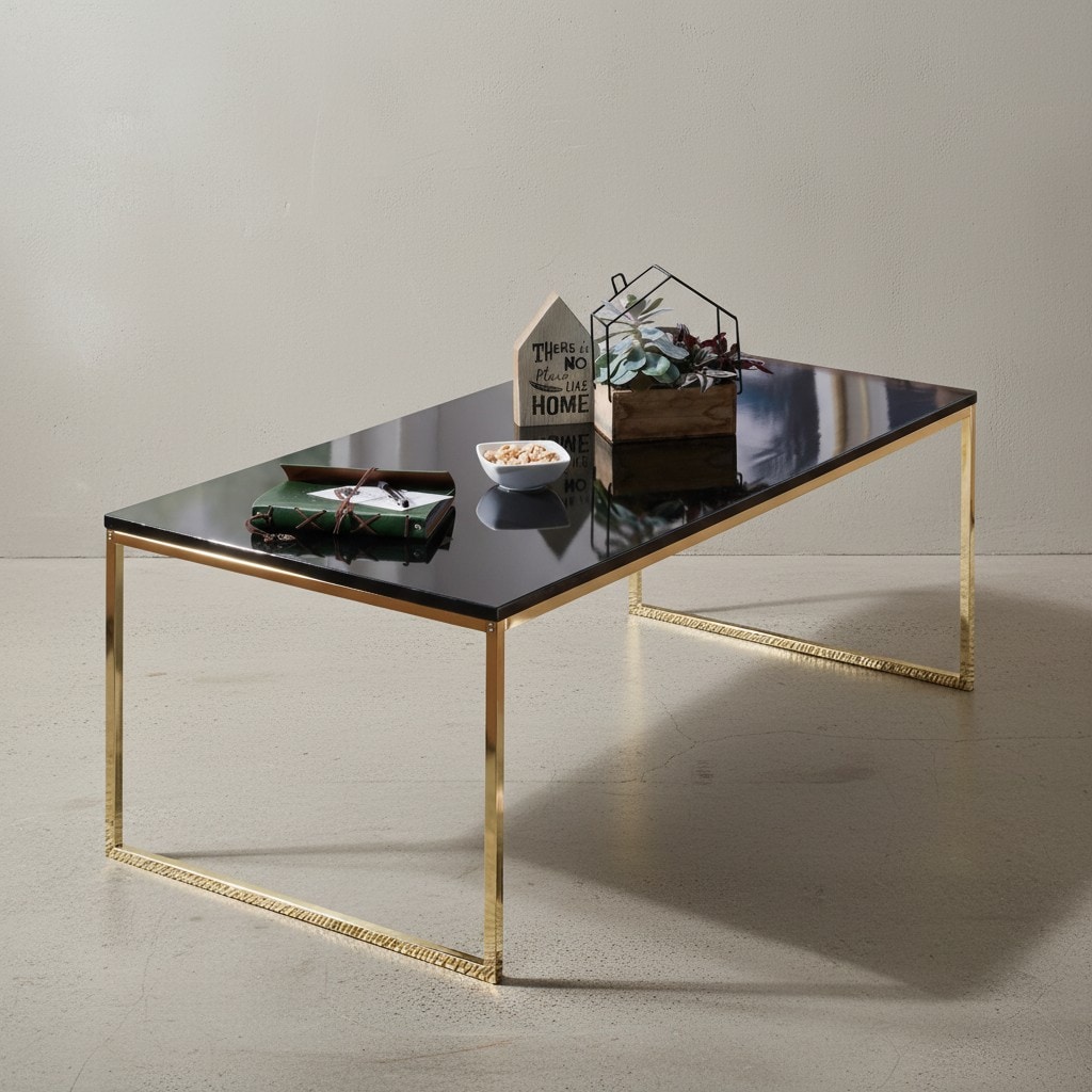 KADIMA DESIGN RIVA Couchtisch, Metall und Holz, filigrane Beine, schwarze Tischplatte, 120x45x60 cm.