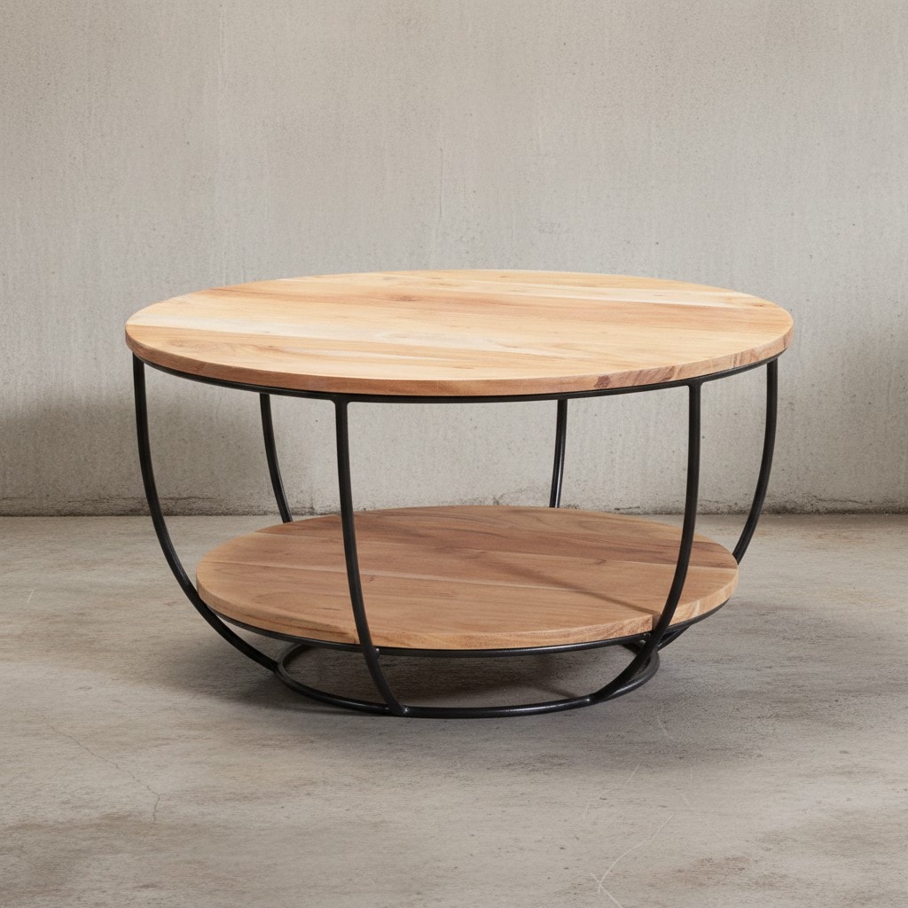 KADIMA DESIGN Industrial Couchtisch aus Akazienholz, schwarze Edelstahlbeine, handgefertigt.