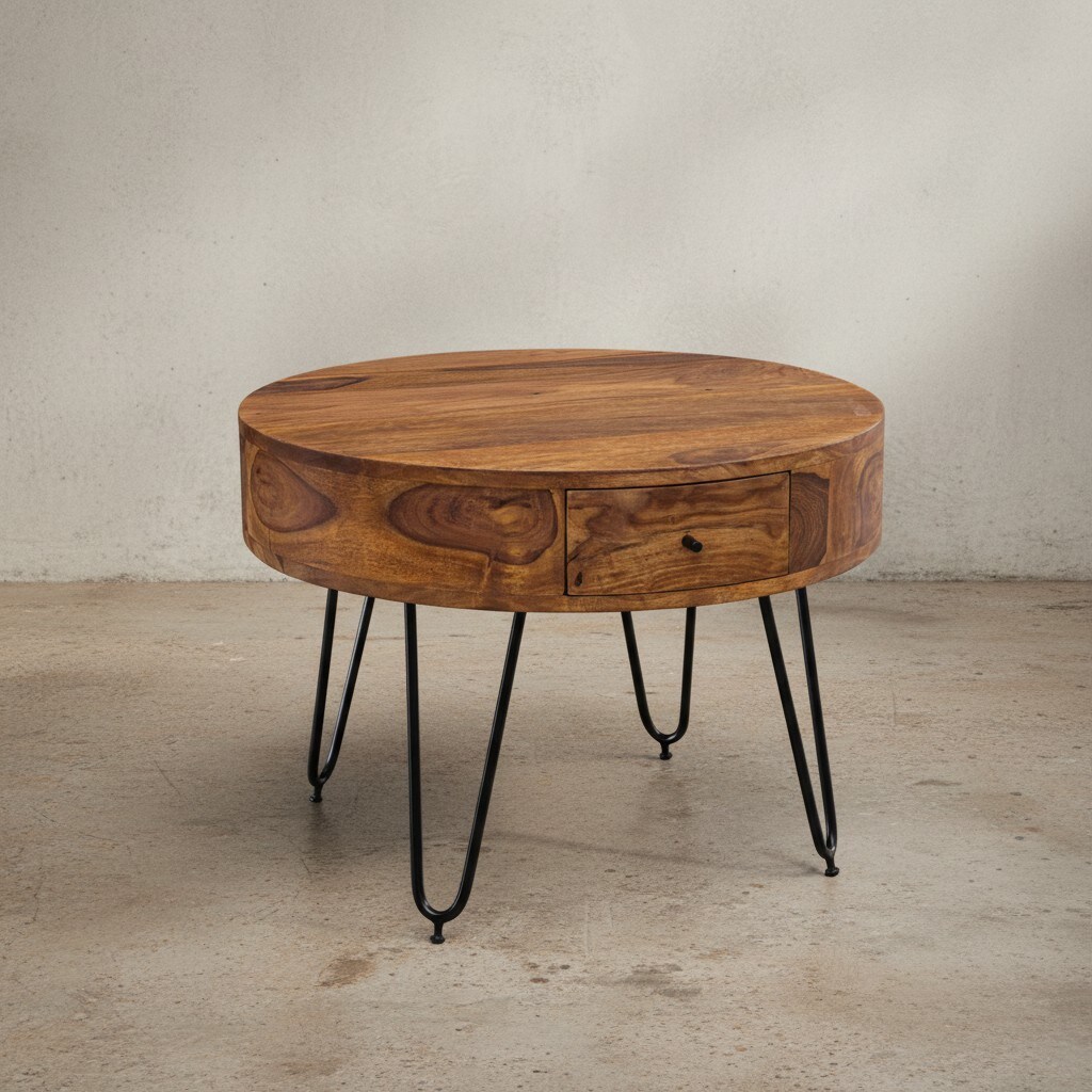 KADIMA DESIGN Couchtisch aus Sheesham-Massivholz mit Schubladen und schwarzen Metallbeinen, Handgefertigt