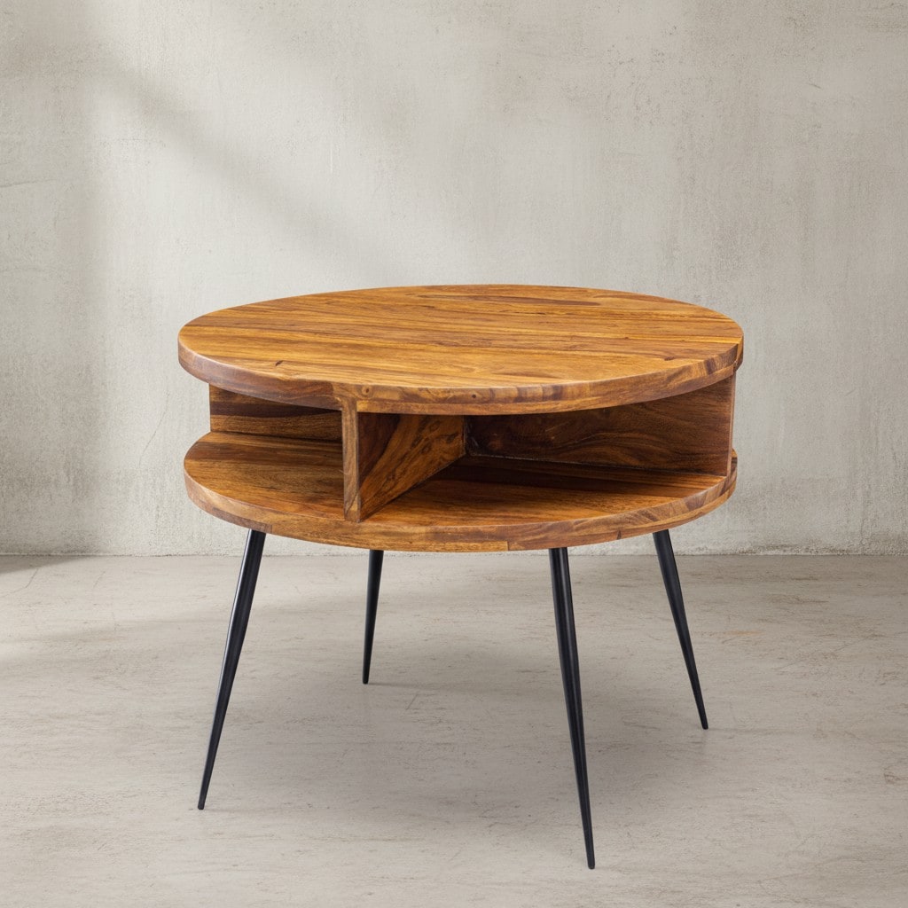 KADIMA DESIGN Massivholz sheesham Couchtisch, rund, 4 Ablagefächer, schwarzes Metallgestell.
