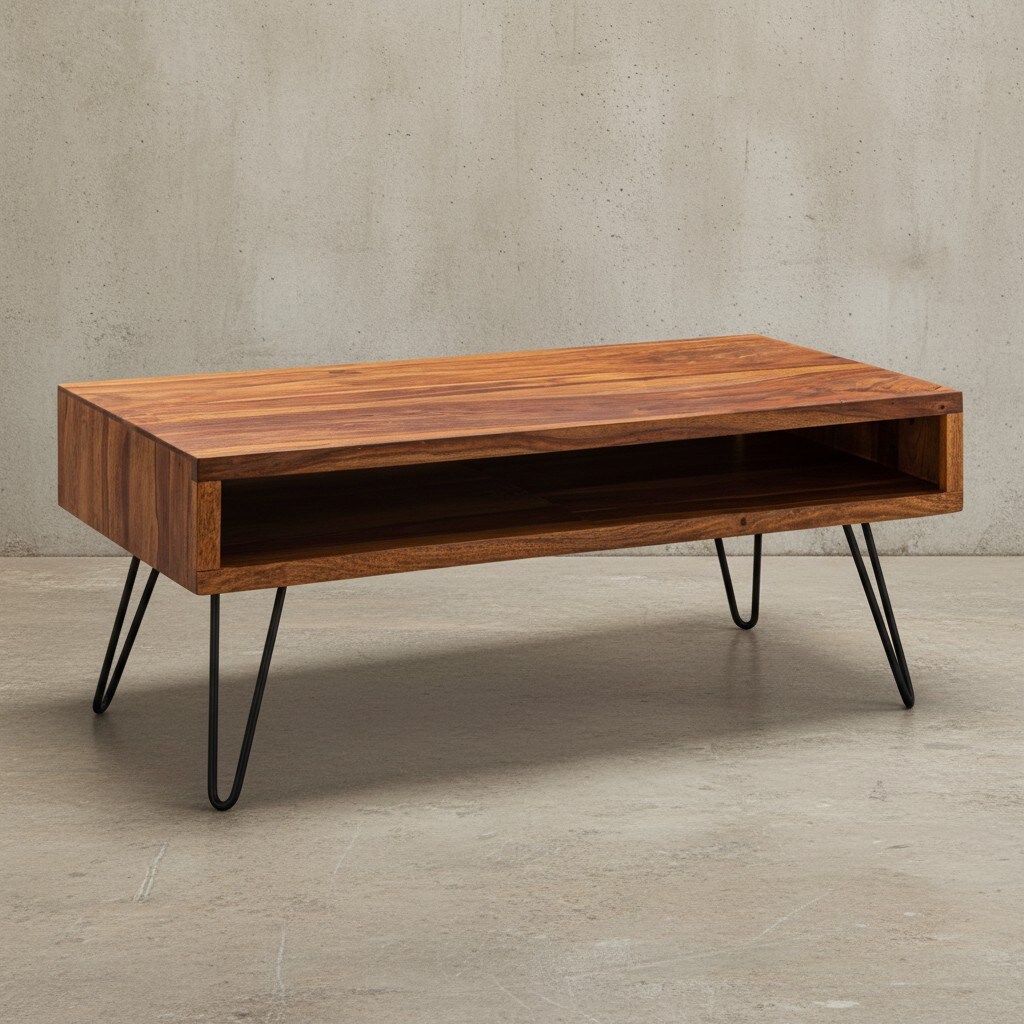 KADIMA DESIGN Wohnzimmertisch aus Sheeshamholz, Ablagefach, schwarze Pulverbeschichtung, 100x40x50 cm.