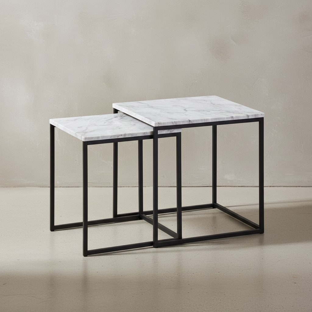 KADIMA DESIGN Marmor-Optik Beistelltisch Set, moderne Wohnzimmermöbel, robustes Metallgestell, 40x42,5x40 cm und 35x39,5x35 cm.