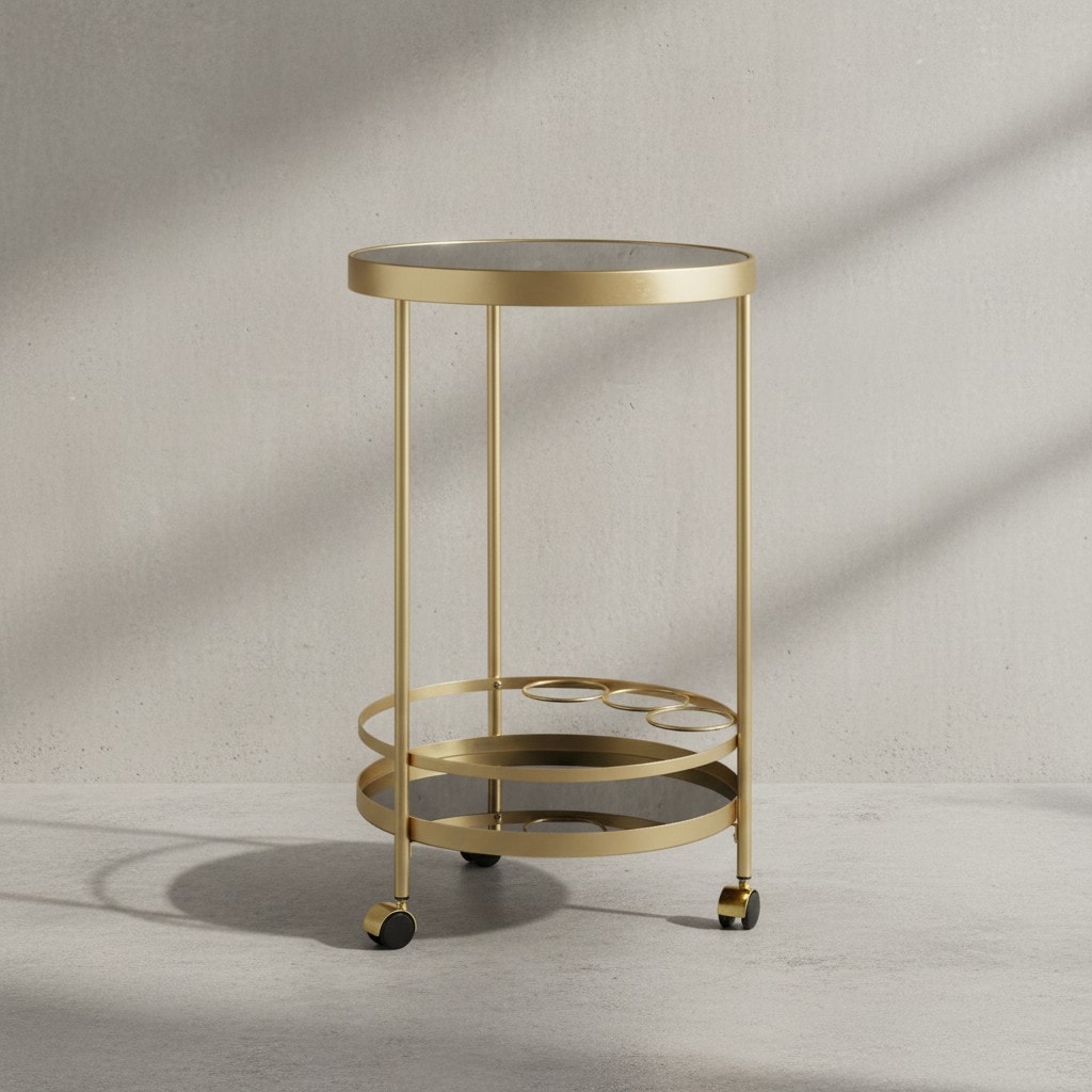 KADIMA DESIGN Goldener Servierwagen mit Retro-Charme und Schwarzem Sicherheitsglas 