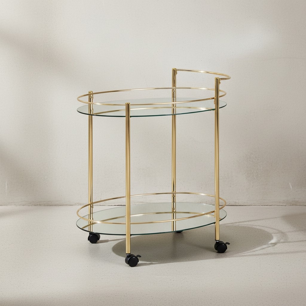 KADIMA DESIGN Goldener Servierwagen, Retro-Charme, 2 Glasplatten, rollbar, stabile Stahlkonstruktion, leicht zu reinigen. 