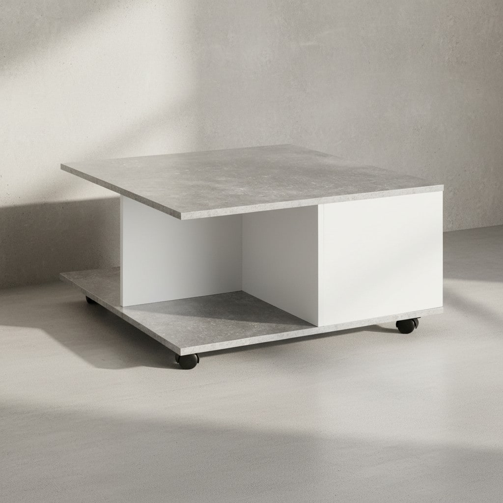 KADIMA DESIGN Couchtisch RAPIDO: 70x70x36,5 cm, 2 Schubladen, Rollen, Melaminharzbeschichtung, Zementgrau/Weiß.