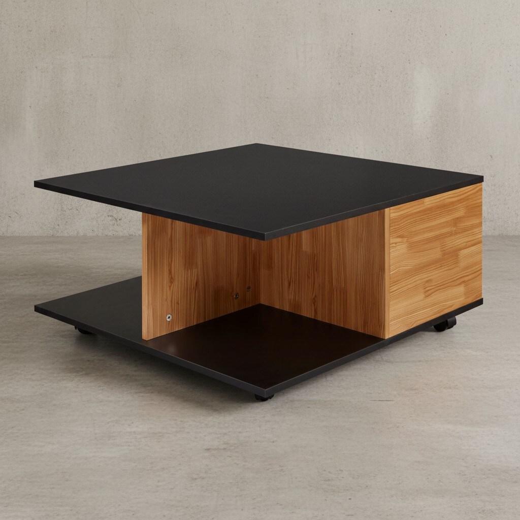 KADIMA DESIGN Couchtisch RAPIDO: 70x70x36,5 cm, 2 Schubladen, Rollen, Melaminharzbeschichtung, Anthrazit/Sandeiche.