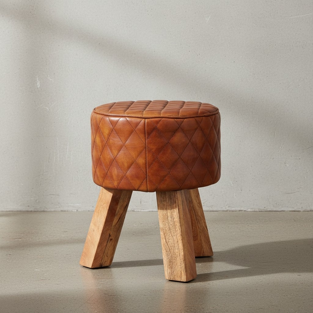 KADIMA DESIGN Extravaganter Sitzhocker mit Rautenmuster, Holz und Leder, 46 cm Höhe, Braun