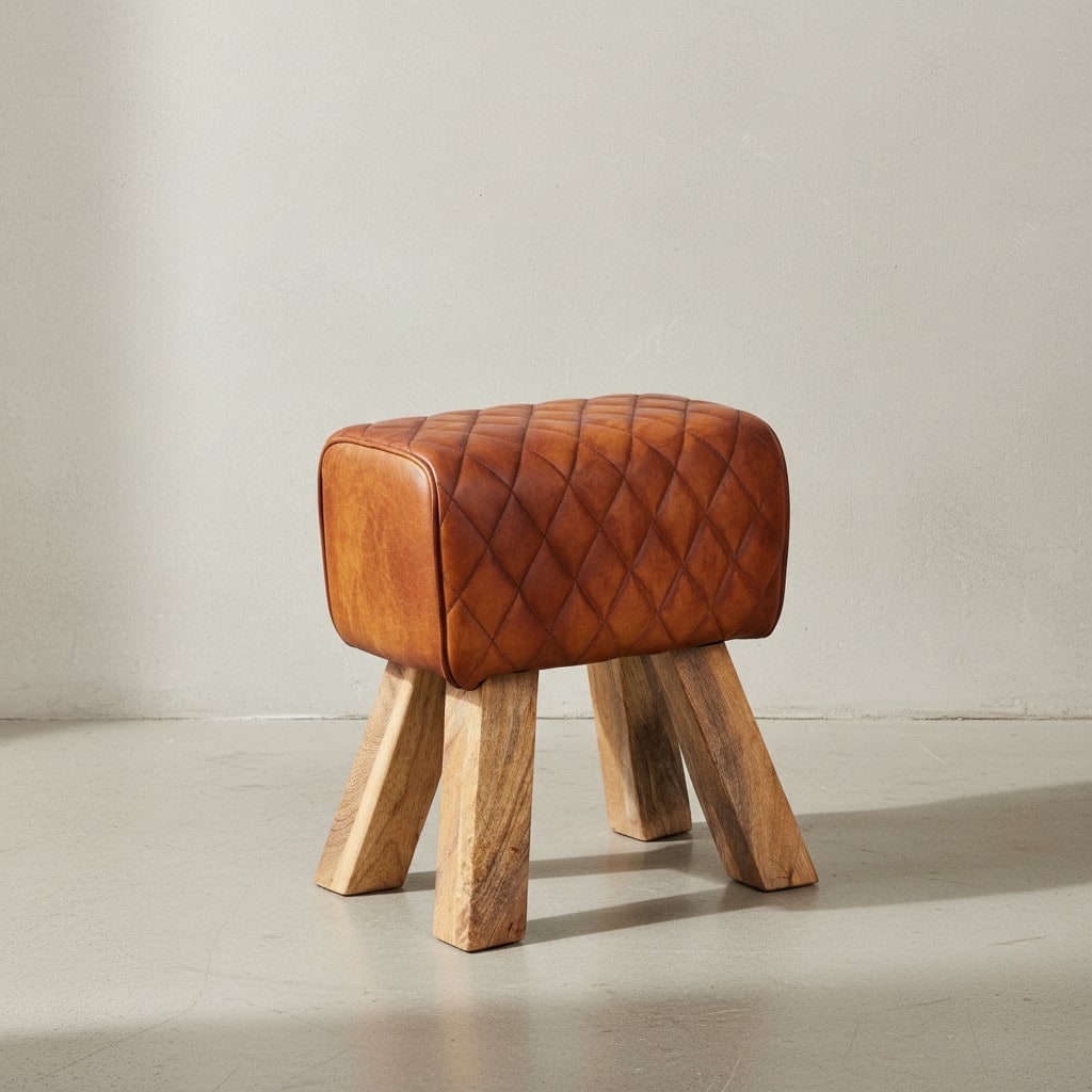 KADIMA DESIGN Exklusiver Sitzhocker aus Echtleder mit Rautenmuster, Stilvolles und strapazierf&auml;higes M&ouml;belst&uuml;ck 