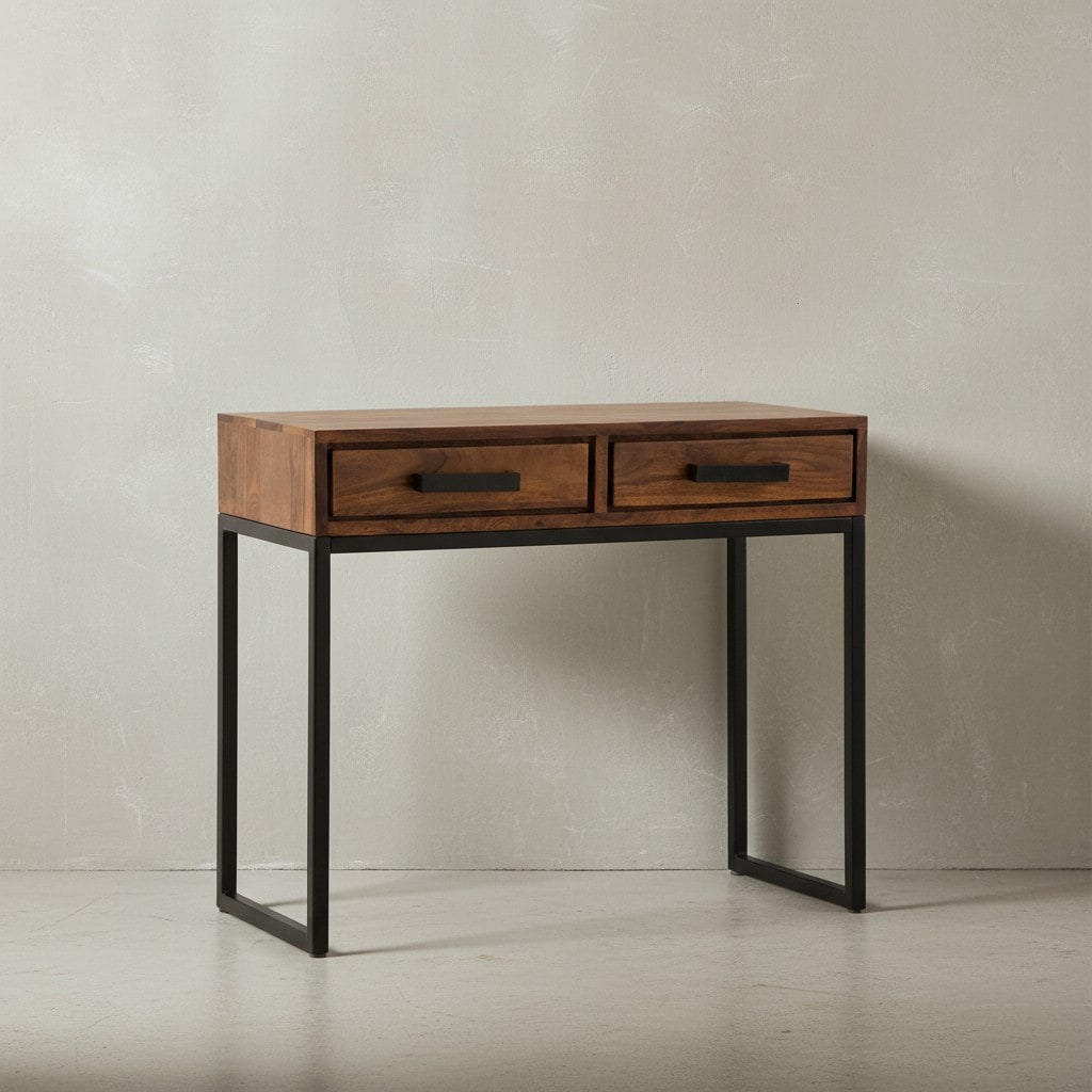 KADIMA DESIGN Massiver Sheeshamholz Konsolentisch mit schwarzen Metallbeinen, Industrial Style, ger&auml;umige Schubladen 