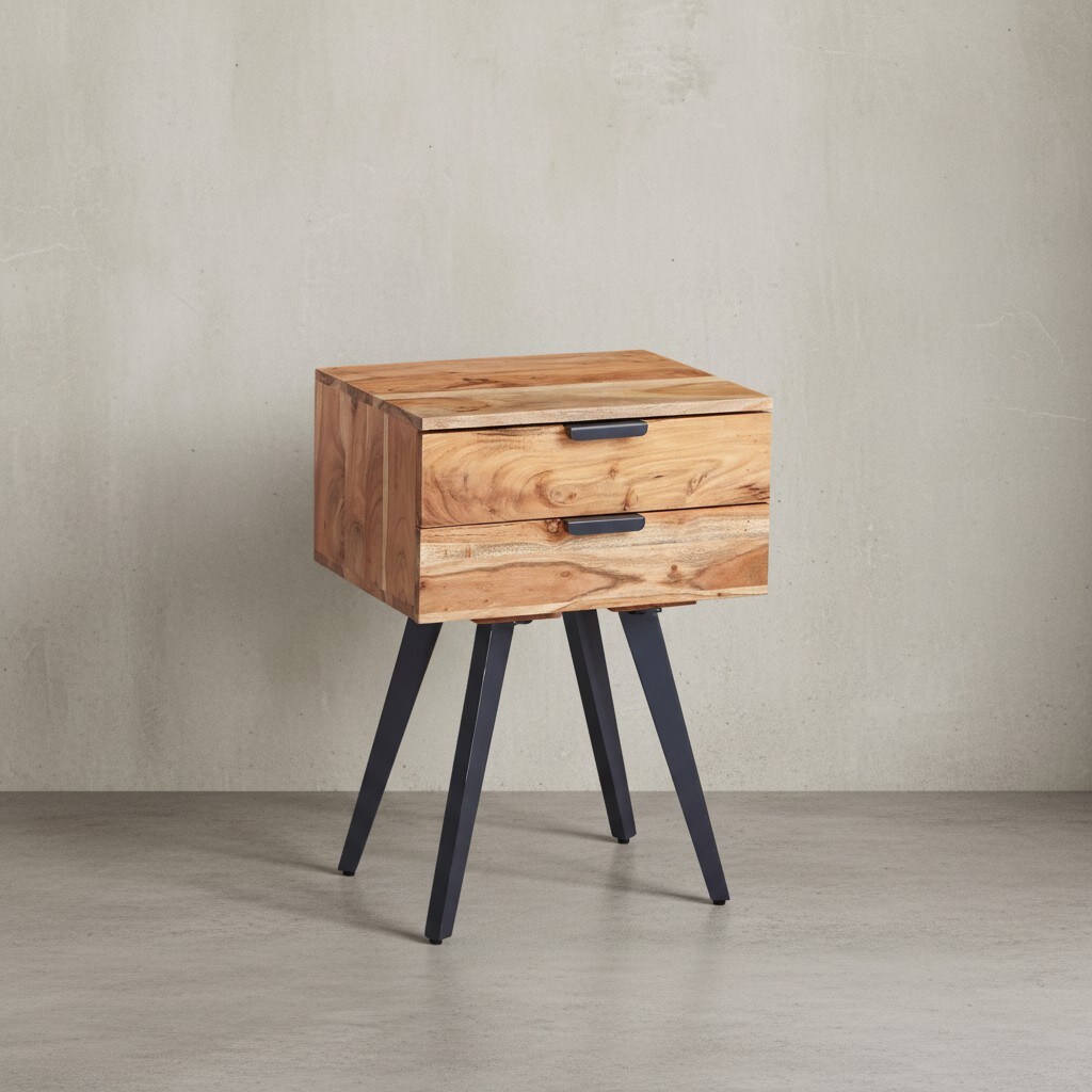 KADIMA DESIGN Industrial Nachtkonsole aus Akazien-Massivholz, Hochwertiges Handmade Unikat, Braun Grau
