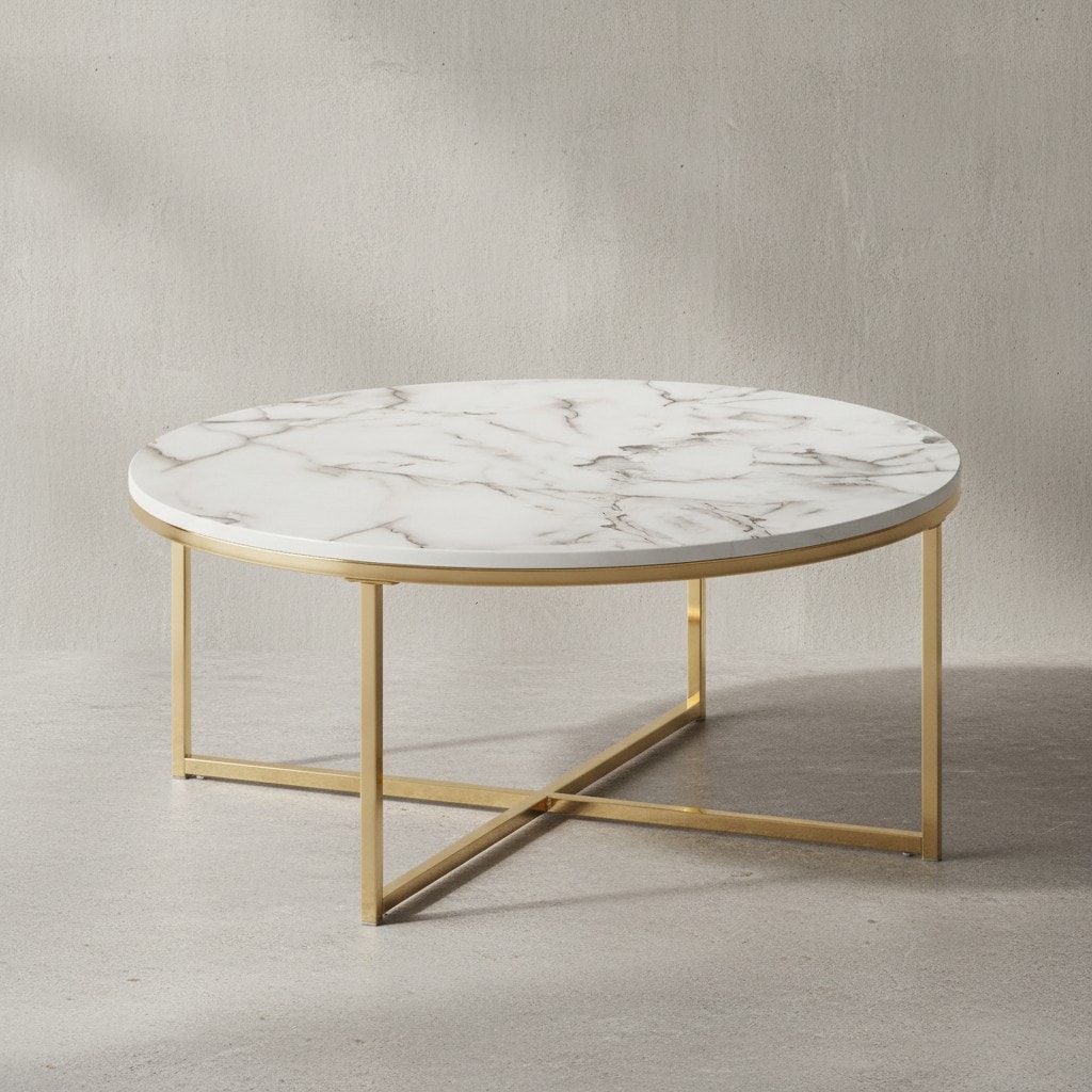 KADIMA DESIGN Stylischer Runder Sofatisch, Marmor-Optik, Goldfarbenes Gestell, 80 cm